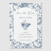 Elegant gegraveerd Frans Blauw Bloemen Toile Magnetische Uitnodiging (Voorkant)
