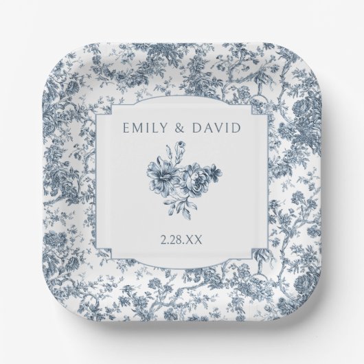 Elegant gegraveerd Frans Blauw Bloemen Toile Papieren Bordje (Voorkant)