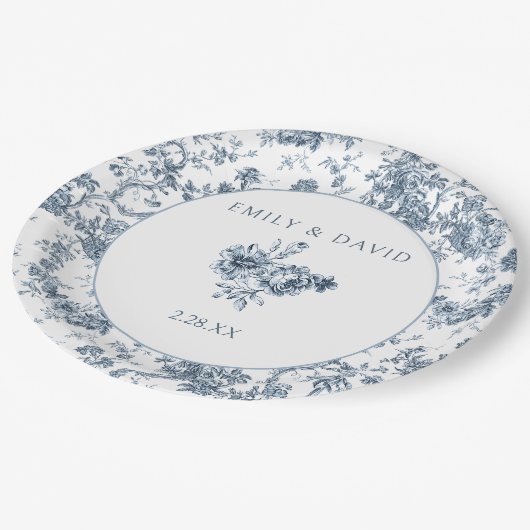 Elegant gegraveerd Frans Blauw Bloemen Toile Papieren Bordje (Gekanteld)