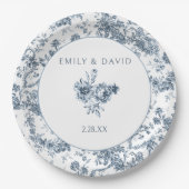 Elegant gegraveerd Frans Blauw Bloemen Toile Papieren Bordje (Voorkant)