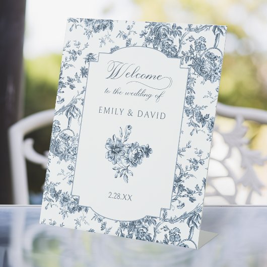 Elegant gegraveerd Frans Blauw Bloemen Toile Reclamebord Met Voetstuk