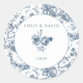 Elegant gegraveerd Frans Blauw Bloemen Toile Ronde Sticker (Voorkant)