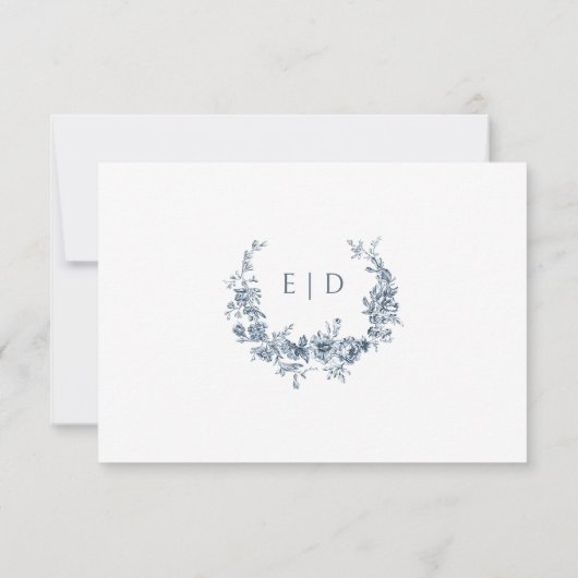 Elegant gegraveerd Frans Blauw Bloemen Toile RSVP Kaartje (Achterkant)