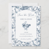 Elegant gegraveerd Frans Blauw Bloemen Toile Save The Date (Voorkant)