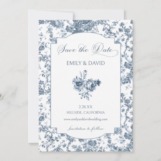 Elegant gegraveerd Frans Blauw Bloemen Toile Save The Date (Voorkant)