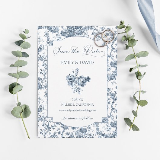 Elegant gegraveerd Frans Blauw Bloemen Toile Save The Date