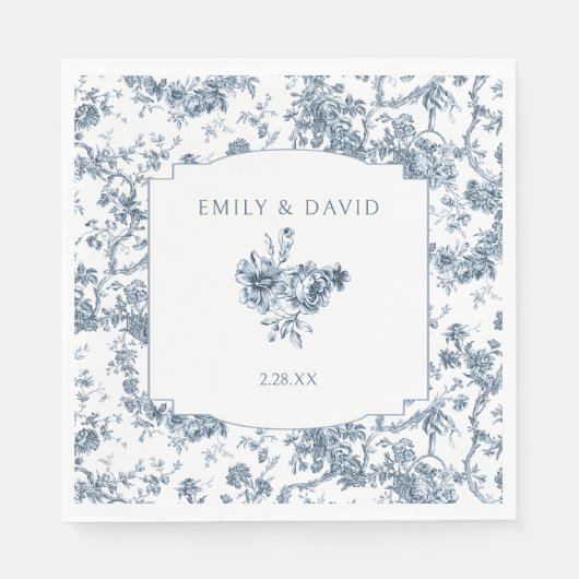 Elegant gegraveerd Frans Blauw Bloemen Toile Servet (Voorkant)