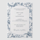 Elegant gegraveerd Frans Blauw Bloemen Toile Vellum Uitnodigingen (Voorkant)