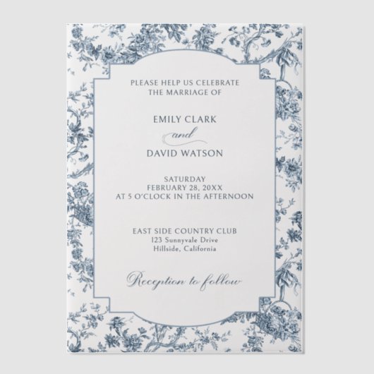 Elegant gegraveerd Frans Blauw Bloemen Toile Vellum Uitnodigingen (Voorkant)