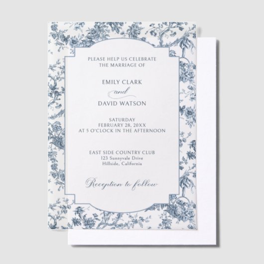 Elegant gegraveerd Frans Blauw Bloemen Toile Vellum Uitnodigingen (Offset)