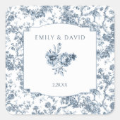 Elegant gegraveerd Frans Blauw Bloemen Toile Vierkante Sticker (Voorkant)