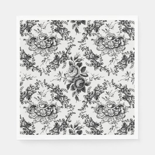 Elegant gegraveerd Frans Zwart Bloemen Toile Servet (Voorkant)