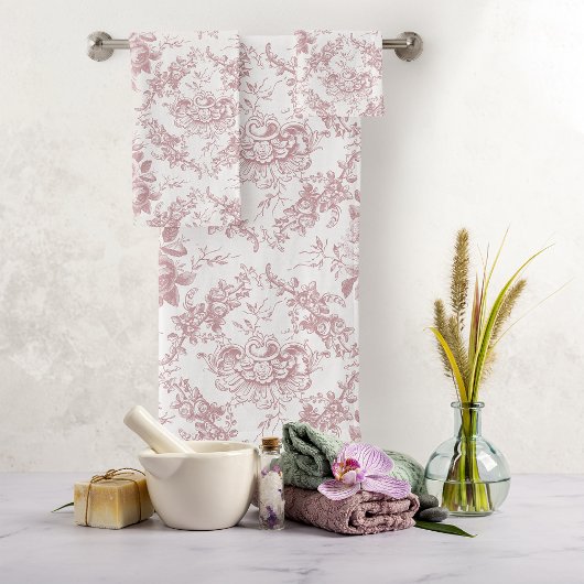 Elegant gegraveerd Roze en Witte Floral Toile Bad Handdoek