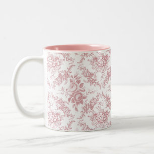 Elegant gegraveerd Roze en Witte Floral Toile Tweekleurige Koffiemok