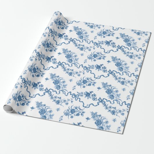 Elegant  gegraveerde blauwe Rozen en linten Cadeaupapier (Uitgerold)