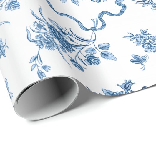 Elegant  gegraveerde blauwe Rozen en linten Cadeaupapier (Rol Hoek)