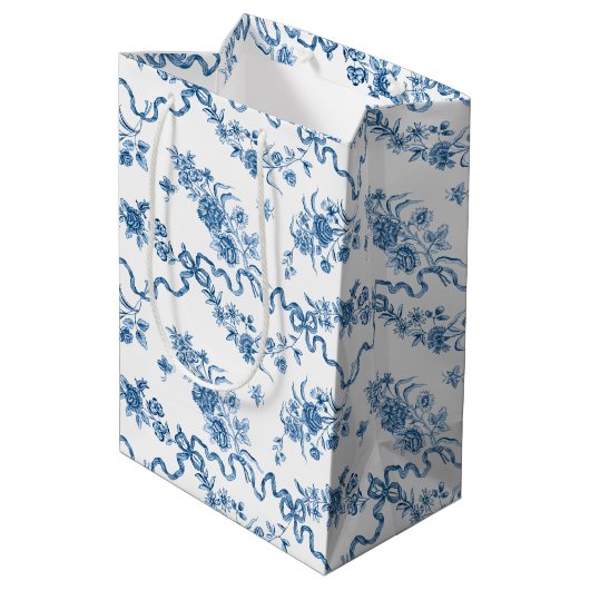Elegant  gegraveerde blauwe Rozen en linten Medium Cadeauzakje (Achterkant Gekanteld)