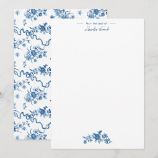Elegant gegraveerde blauwe Rozen en linten Notitiekaartje