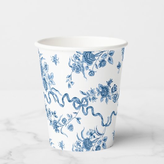 Elegant gegraveerde blauwe Rozen en linten Papieren Bekers (Voorkant)