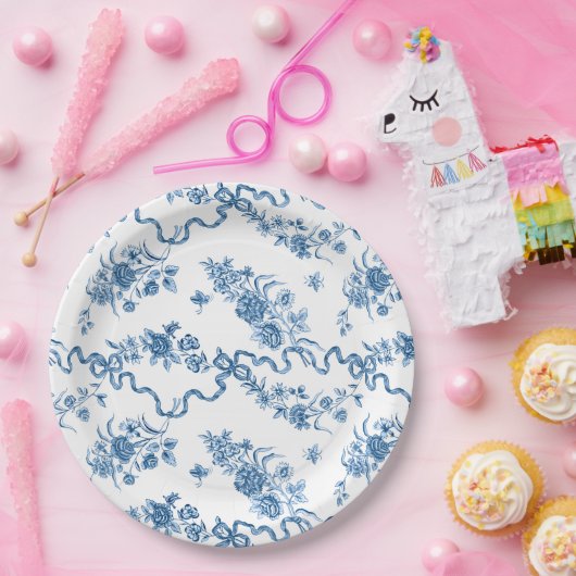 Elegant  gegraveerde blauwe Rozen en linten Papieren Bordje (Feest)