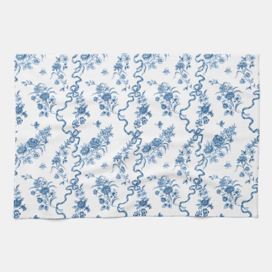 Elegant gegraveerde blauwe Rozen en linten Theedoek (Horizontaal)