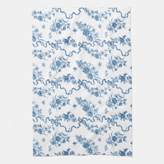 Elegant  gegraveerde blauwe Rozen en linten Theedoek (Verticaal)