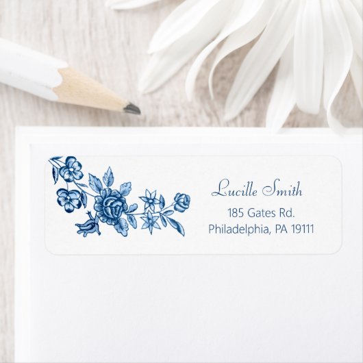 Elegant  gegraveerde Blauwe Rozen Etiket (Insitu)