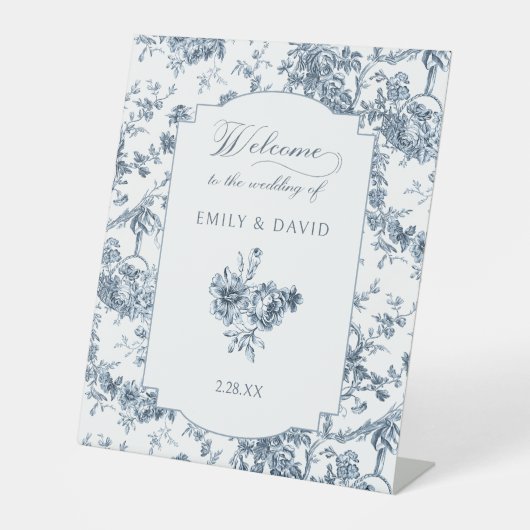 Elegant Gegraveerde Franse Blauwe Bloemmotief Reclamebord Met Voetstuk (Voorkant)