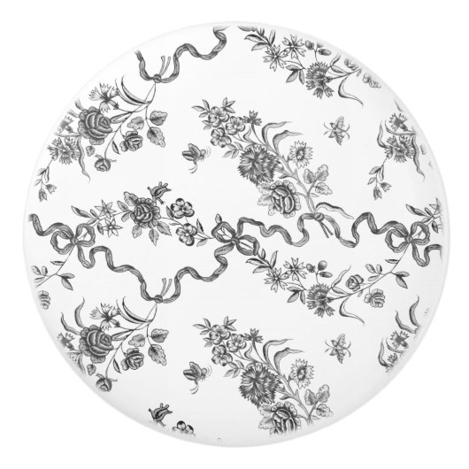 Elegant  gegraveerde zwarte Rozen en linten Keramische Knop (Voorkant)