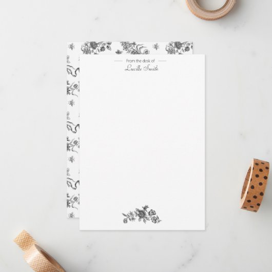 Elegant  gegraveerde zwarte Rozen en linten Notitiekaartje (Voorkant / Achterkant in situ)