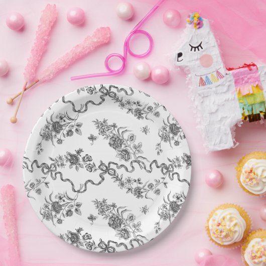 Elegant  gegraveerde zwarte Rozen en linten Papieren Bordje (Feest)