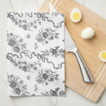 Elegant  gegraveerde zwarte Rozen en linten Theedoek<br><div class="desc">Elegante en romantische zwarte gegraveerde  rozen,  bloemen,  wijnstokken,  bladeren en vlinders met linten en bogen die op een witte achtergrond met elkaar zijn verweven.</div>