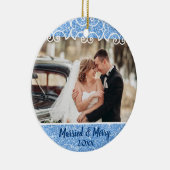 Elegant gehuwd & Merry 2 Foto Blue Glitter First Keramisch Ornament (Rechts)