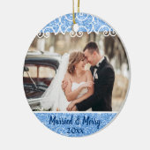 Elegant gehuwd & Merry 2 Foto Blue Glitter First Keramisch Ornament (Links)