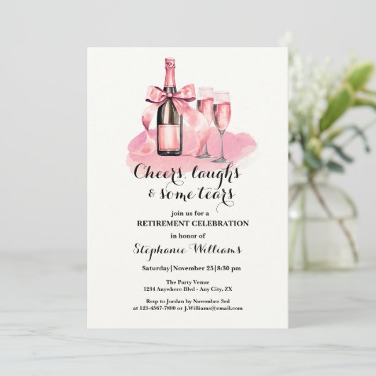 Elegant gejuich lacht tranen champagne pensioen kaart (Staand voorkant)