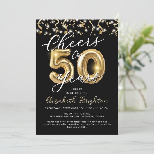 Elegant gejuich voor 50 Years Script Balloon Confe Kaart (Staand voorkant)