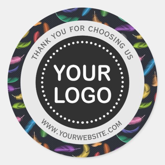 Elegant gekleurd feathers Uw Logo Slogan Ronde Sticker (Voorkant)