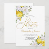 Elegant gele en witte florale rozen baby shower kaart (Voorkant / Achterkant)