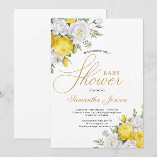 Elegant gele en witte florale rozen baby shower kaart (Voorkant / Achterkant)