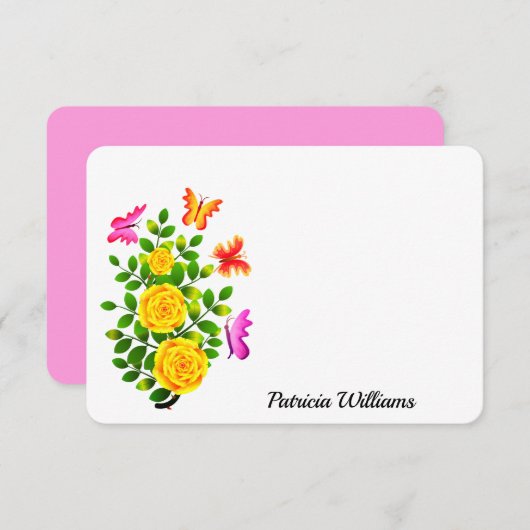 Elegant gele rozenbloem met vlinder notitiekaartje (Voorkant / Achterkant)