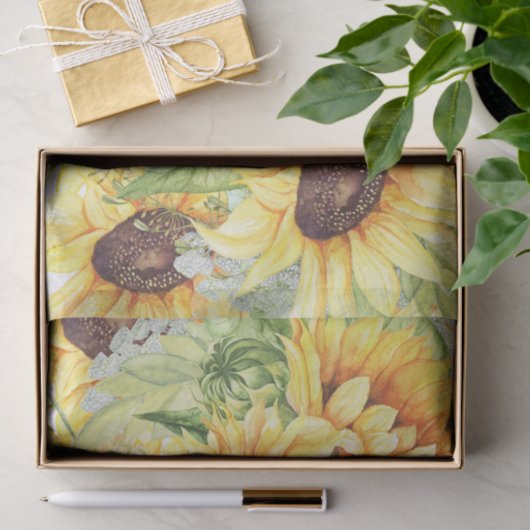 Elegant Gele Waterverf Zonnebloemen Groen Tissuepapier (Geschenk)
