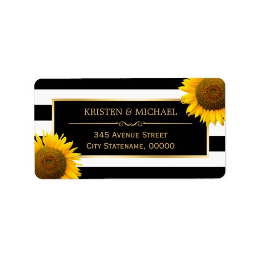 Elegant Gele Zonnebloemen met Zwarte Witte Stripin Etiket (Voorkant)