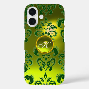 ELEGANT GELLOW GREEN DAMASK GEMSTONE MONOGRAM iPhone 16 HOESJE