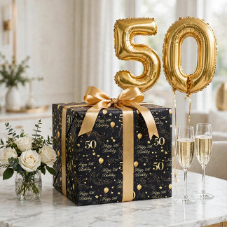 Elegant Gelukkig 50e Verjaardag Zwart en Goud Cade Cadeaupapier