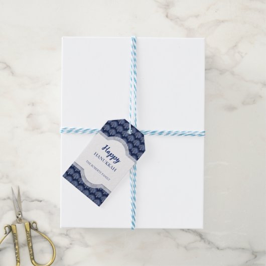 Elegant Gelukkig Chanoeka Menorah Patroon Blauw Cadeaulabel (Met Touw)