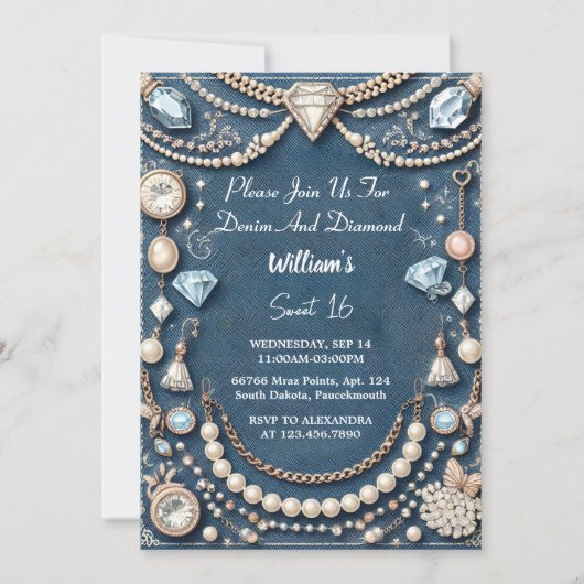 Elegant Gem Bling Denim en Diamanten Zoet 16 Kaart (Voorkant)