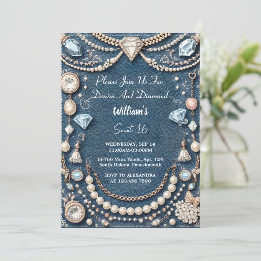 Elegant Gem Bling Denim en Diamanten Zoet 16 Kaart (Staand voorkant)