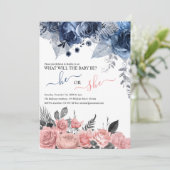 Elegant Gender onthulling | Blauwe en roze Floral Kaart (Staand voorkant)