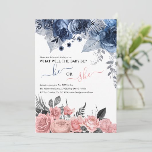 Elegant Gender onthulling | Blauwe en roze Floral Kaart (Staand voorkant)