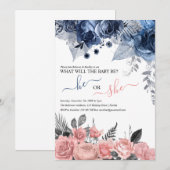 Elegant Gender onthulling | Blauwe en roze Floral Kaart (Voorkant / Achterkant)